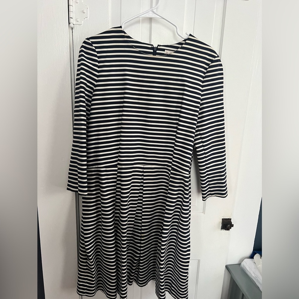 pleated dress with navy blue and white stripes